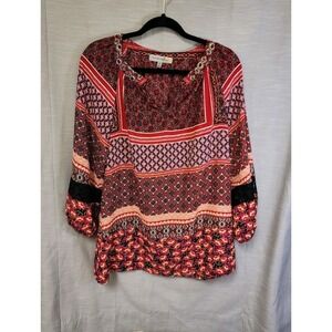 Fig & Flower Anthropologie Shirt Sz Med Floral Boho Red Sheer 3/4 Sleeve